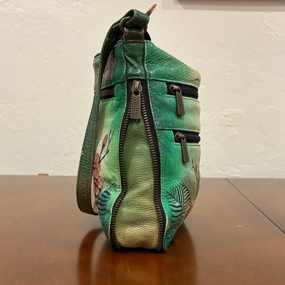 Anuschka Green Adjustable Crossbody Bag with Peacock and Floral‎ Art - Picture 6 of 16